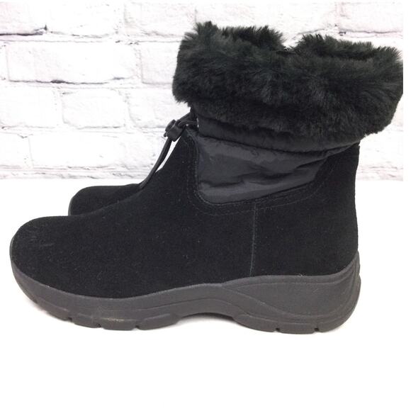Lands End Suede Faux Fur Trim Quilted Accent Round Toe Black Ankle Bootie 7B - Picture 13 of 13